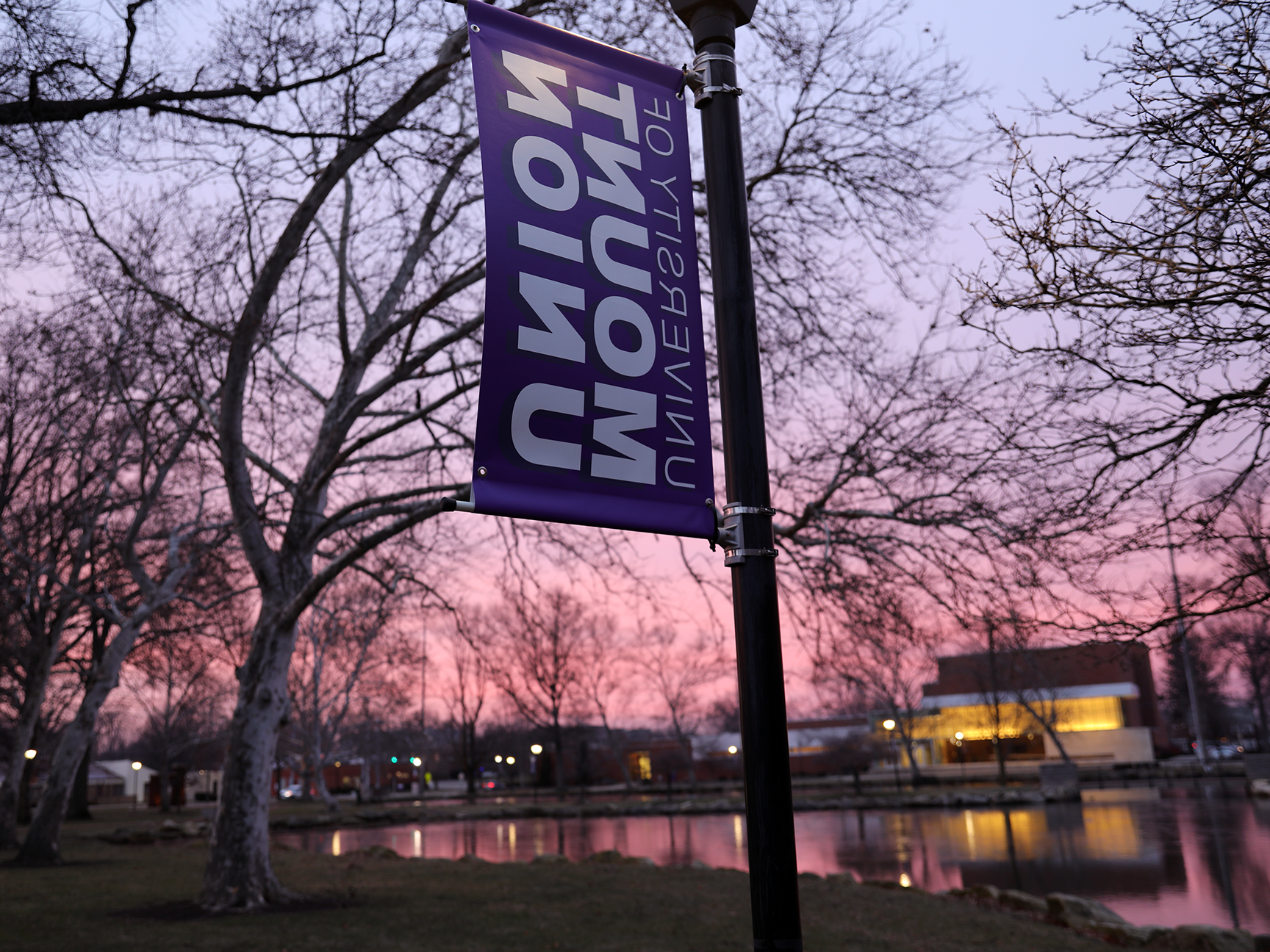 A banner hanging on campus